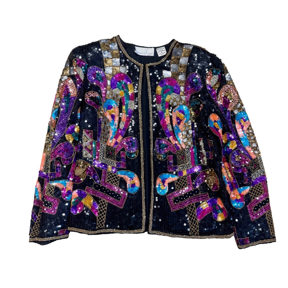 VTG Laurence Kazar Multi-Colored Sequin Beaded Silk Lined Evening Jacket